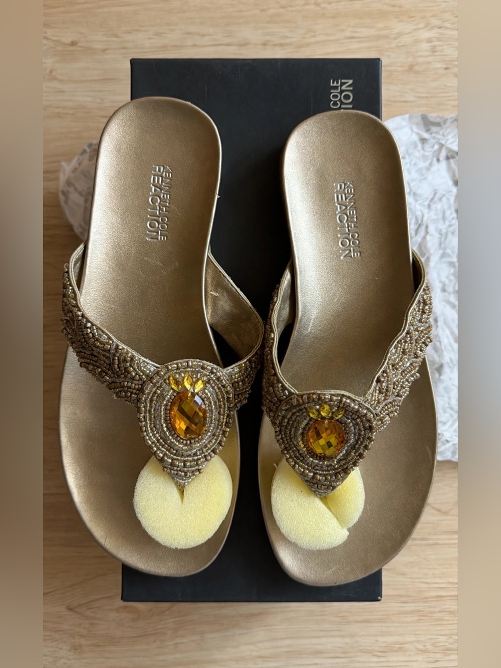 Kenneth Cole gold jeweled thong sandals with amber crystals